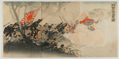 Batalha em Jinzhou &39;, era de Meiji, 1894 (impressão do woodblock da cor) de Ogata Gekko