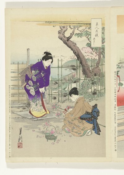 Arranjos de flores no jardim
Comparações entre belezas e flores (título da série)
Bijin hana kurabe (título da série sobre o objecto) de Ogata Gekko