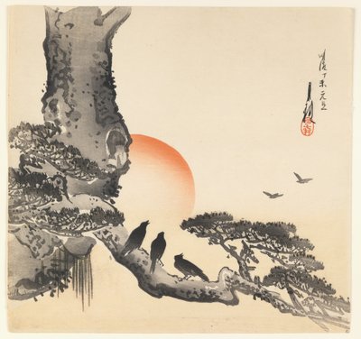 Corvos em um tronco de árvore, período Meiji, c.1890-1910 (impressão em xilogravura colorida) de Ogata Gekko