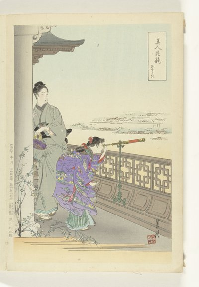 Os binóculos
Comparações entre belezas e flores (título da série)
Bijin hana kurabe (título da série sobre o objecto) de Ogata Gekko