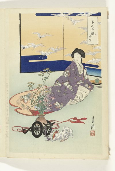 Cachorro brincando com carrinho de flores Comparações entre Belezas e Flores (título da série) Bijin hana kurabe (título da série no objeto) de Ogata Gekko