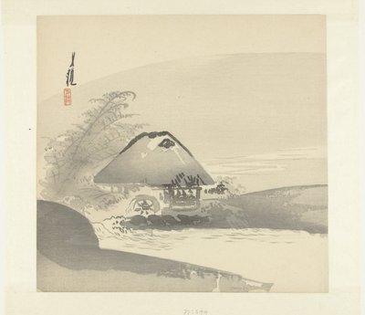 Paisagem fluvial mostrando casa com roda de água de Ogata Gekko