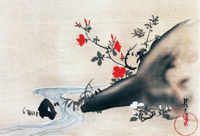 Azáleas e riacho, kakemonos (pergaminhos pendurados) pintados em seda por Korin Ogata (1658-1716), Período Edo (1603-1868), Japão de Ogata Korin