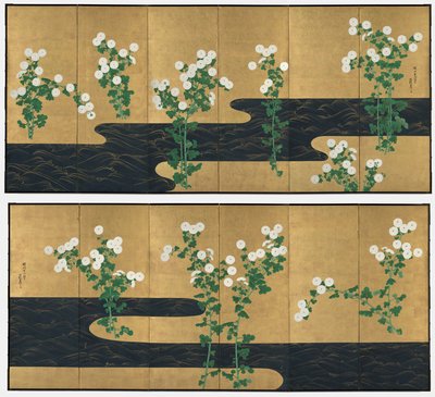 Crisântemos por um córrego de Ogata Korin