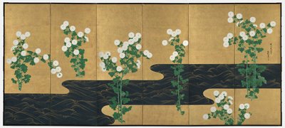 Crisântemos por um córrego, final dos anos 1700 e 1800. de Ogata Korin