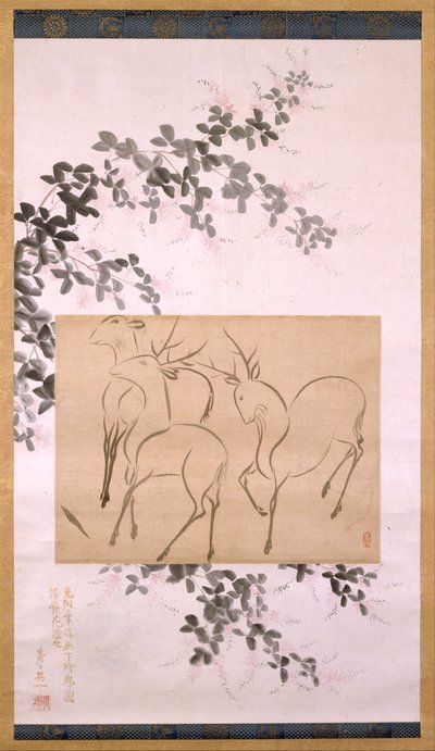 Desenho preliminar de três veados montados em rolo suspenso..., pintura do século XIX. de Ogata Korin