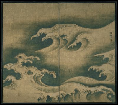 Ondas ásperas, tela dobrável de dois painéis, c.1704-9 (tinta, cor e folha de ouro sobre papel) de Ogata Korin