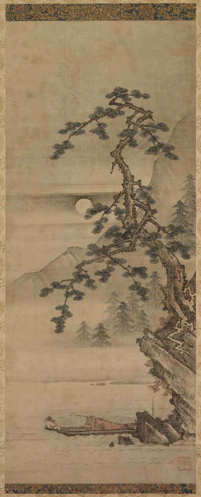 Paisagem enluarada do pinheiro com o ancião no barco, período de Muromachi, 1392-1573. de Oguri Sotan