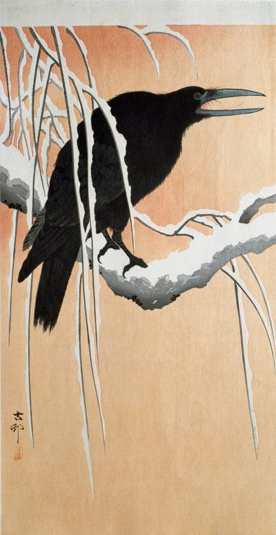 Um corvo sobre um ramo nevado Xilografia e impressão japonesa de Ohara Koson (1877-1945) 1910 Coleção privada DR de Ohara Koson