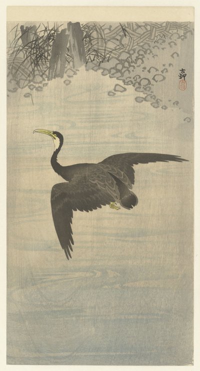 Cormorant em voo de Ohara Koson