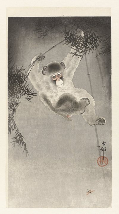 Macaco, pendurado num ramo de bambu de Ohara Koson