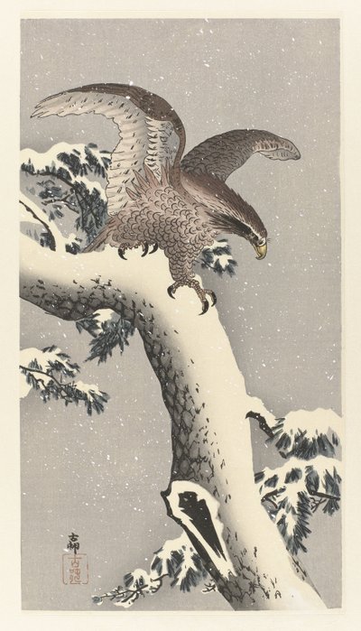 Águia no pinheiro nevado de Ohara Koson