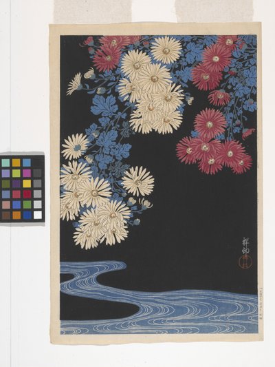 Crisântemos e Corrente (impressão em bloco de madeira a cores) de Ohara Koson
