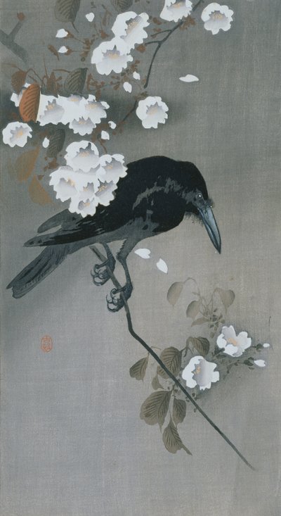Corvo num ramo de Cerejeira em Flor de Ohara Koson