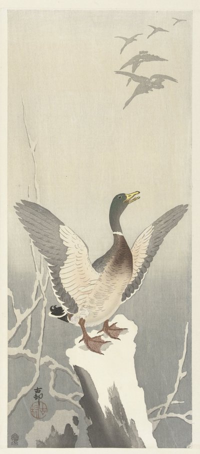 Pato no toco de árvore nevado de Ohara Koson