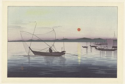Barcos de pesca ao pôr do sol de Ohara Koson