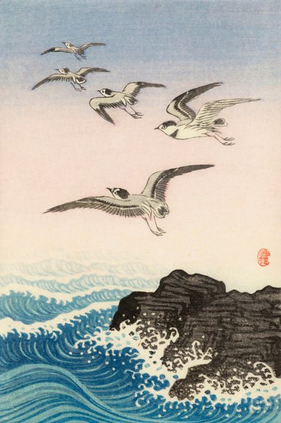Five Seagulls Above a Rock in the Sea, 20th century (impressão japonesa) de Ohara Koson