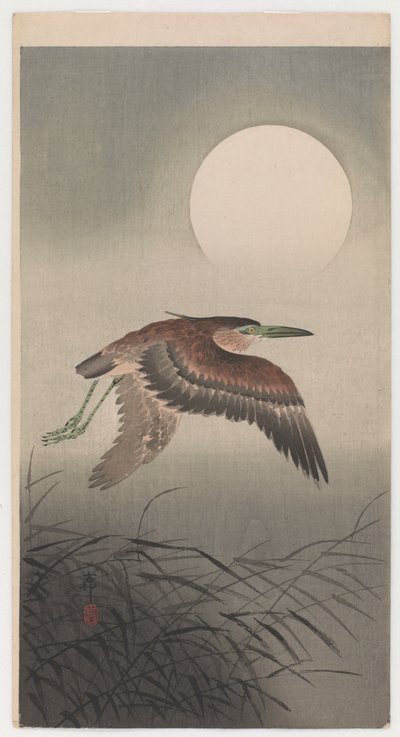 Garça voadora e lua cheia (impressão de woodblock de cor) de Ohara Koson