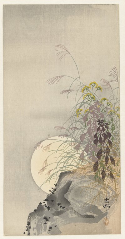 Gramíneas na lua cheia de Ohara Koson