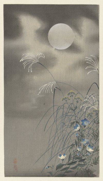 Gramíneas e flores na lua cheia de Ohara Koson