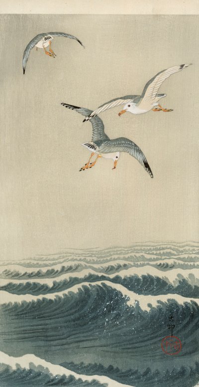 Gaivotas no mar de Ohara Koson