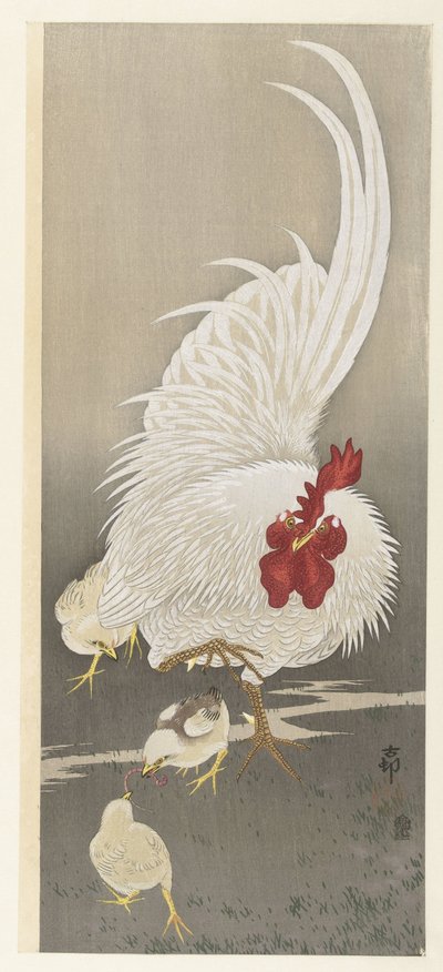 Galo e três pintos de Ohara Koson