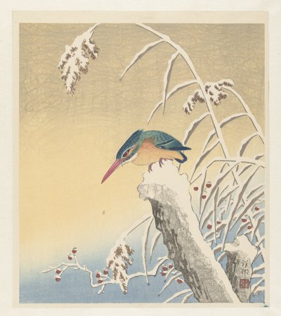 Martim-pescador na neve de Ohara Koson