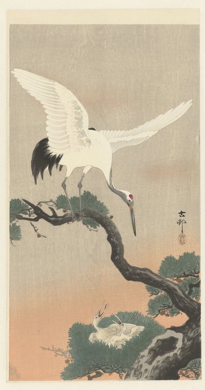 Guindaste japonês sobre ramo de pinheiro de Ohara Koson
