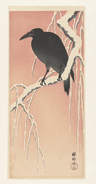 Corvo no galho nevado. de Ohara Koson
