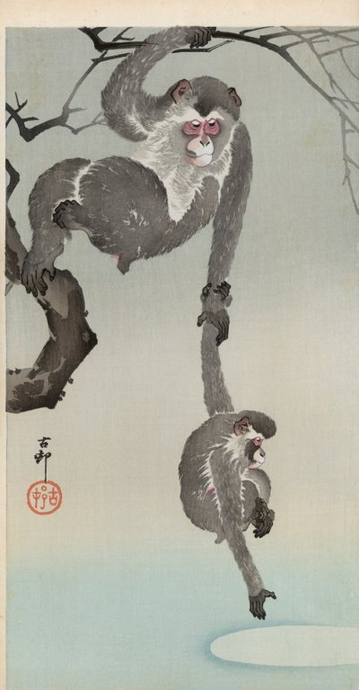 Macaco e bebê alcançando o reflexo da lua de Ohara Koson