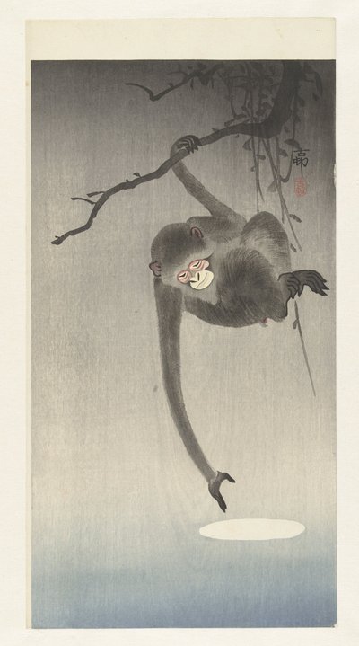 O macaco procura o reflexo da lua de Ohara Koson