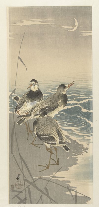 Maçaricos na lua da foice de Ohara Koson