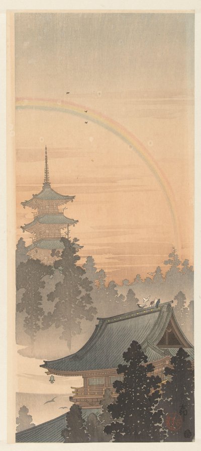 Pagoda e arco-íris de Ohara Koson
