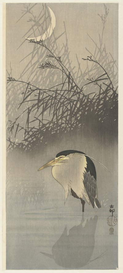 Garça na lua nova de Ohara Koson