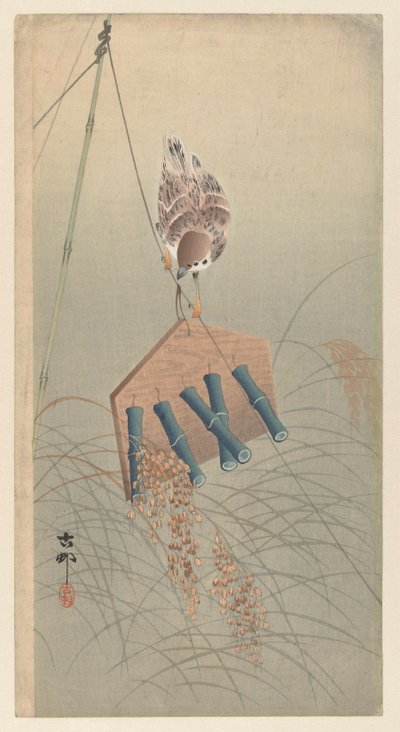 Pardal com anéis no espantalho de Ohara Koson