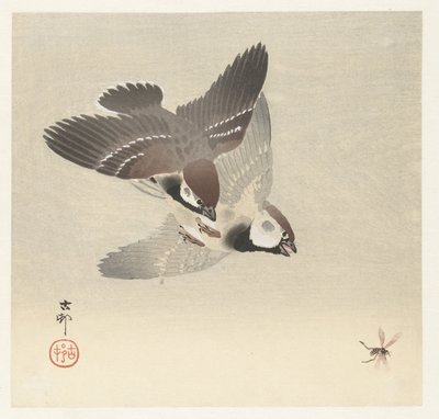 Pardais e insectos com anéis de Ohara Koson