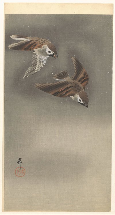 Pardais com anéis na neve de Ohara Koson