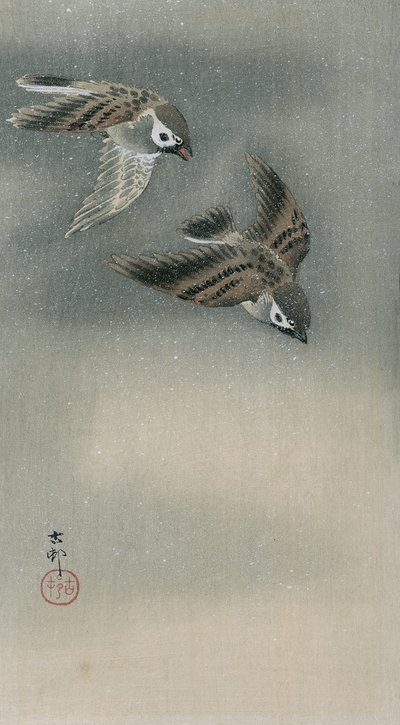 Pardais em voo (impressão em bloco de madeira a cores) de Ohara Koson