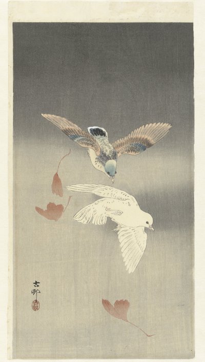 Dois pombos quase a cair folhas de ginkgo de Ohara Koson