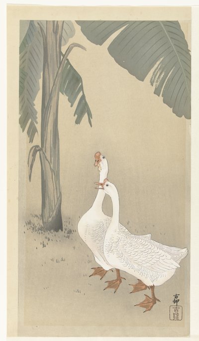 Dois gansos perto da bananeira de Ohara Koson