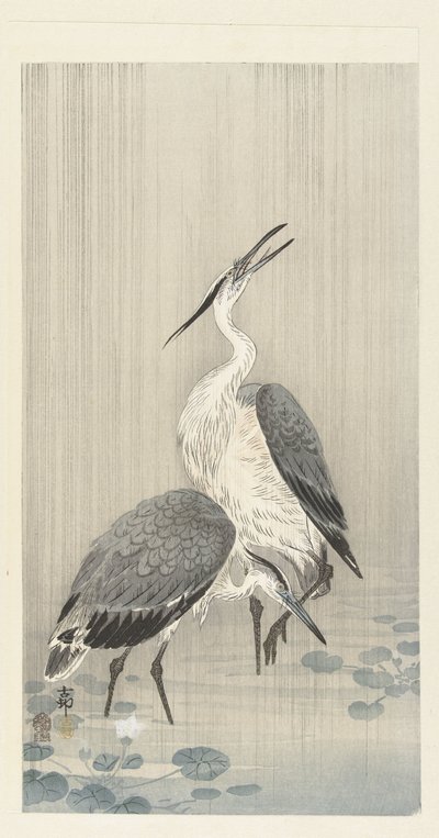 Duas garças na chuva de Ohara Koson