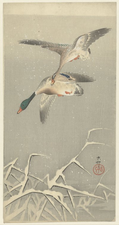 Dois patos selvagens em voo de Ohara Koson