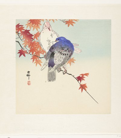 Dois pombos num ramo com folhas de outono de Ohara Koson
