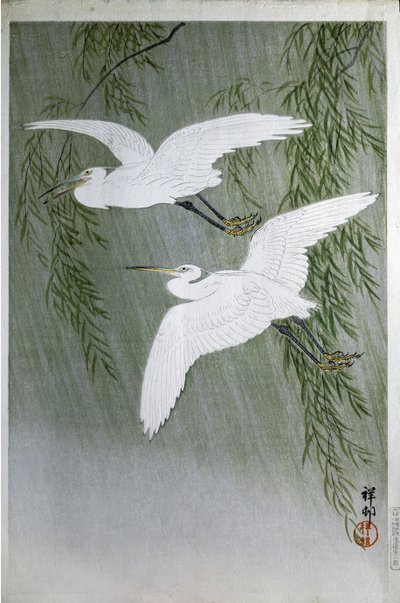 Duas garças voando livre, 1907 (cor xilogravura) de Ohara Koson