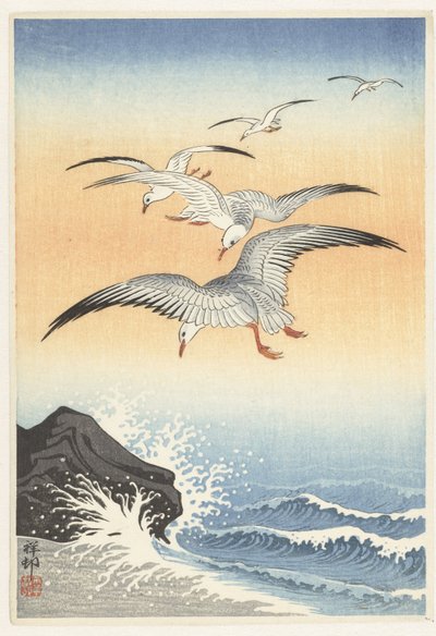 Cinco gaivotas sobre mar turbulento de Ohara Koson