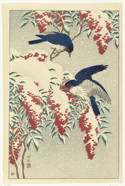 Apanhadores de moscas num arbusto de nandina de Ohara Koson