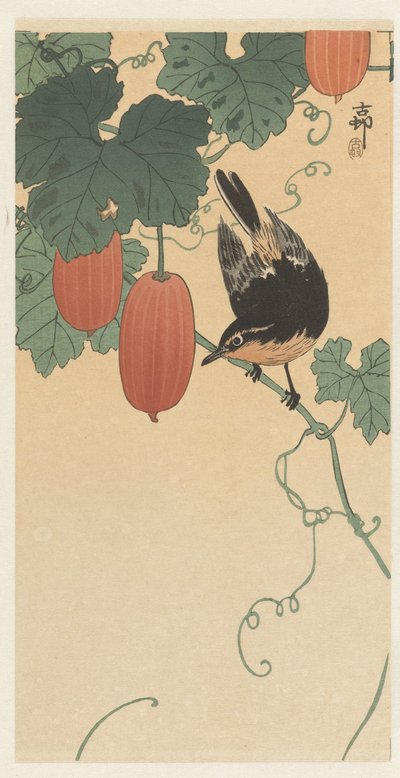 Pássaro e caqui de Ohara Koson