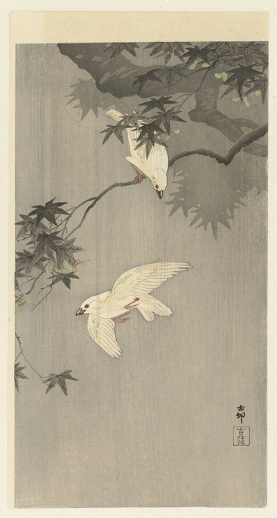 Aves na chuva de Ohara Koson
