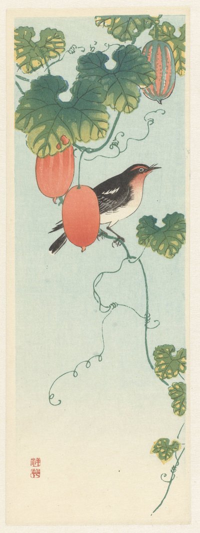 Pássaro da canção em planta de pepino de Ohara Koson