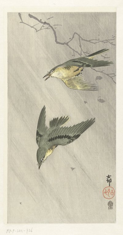 Aves canoras na chuva de Ohara Koson